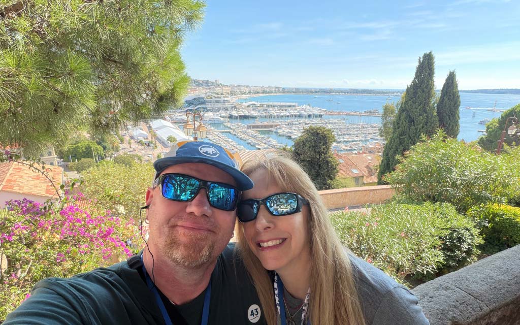 Cannes Selfie Gordon and Anna selfie photo with the port in the background.