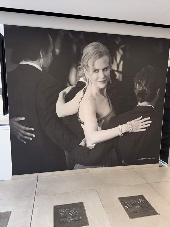 Cannes Walk of Fame Large image of a movie star, Nicole Kidman, and handprints in the floor.