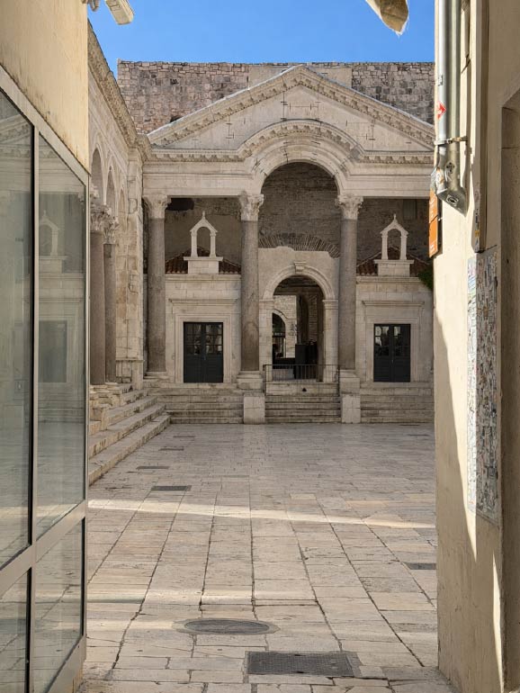 Looking at the Peristyle, ancient Roman Forum in Diocletian's Palace
