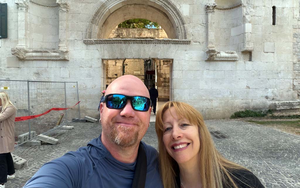 Gordon and Anna in front of Golden Gate entrance Diocletians Palace