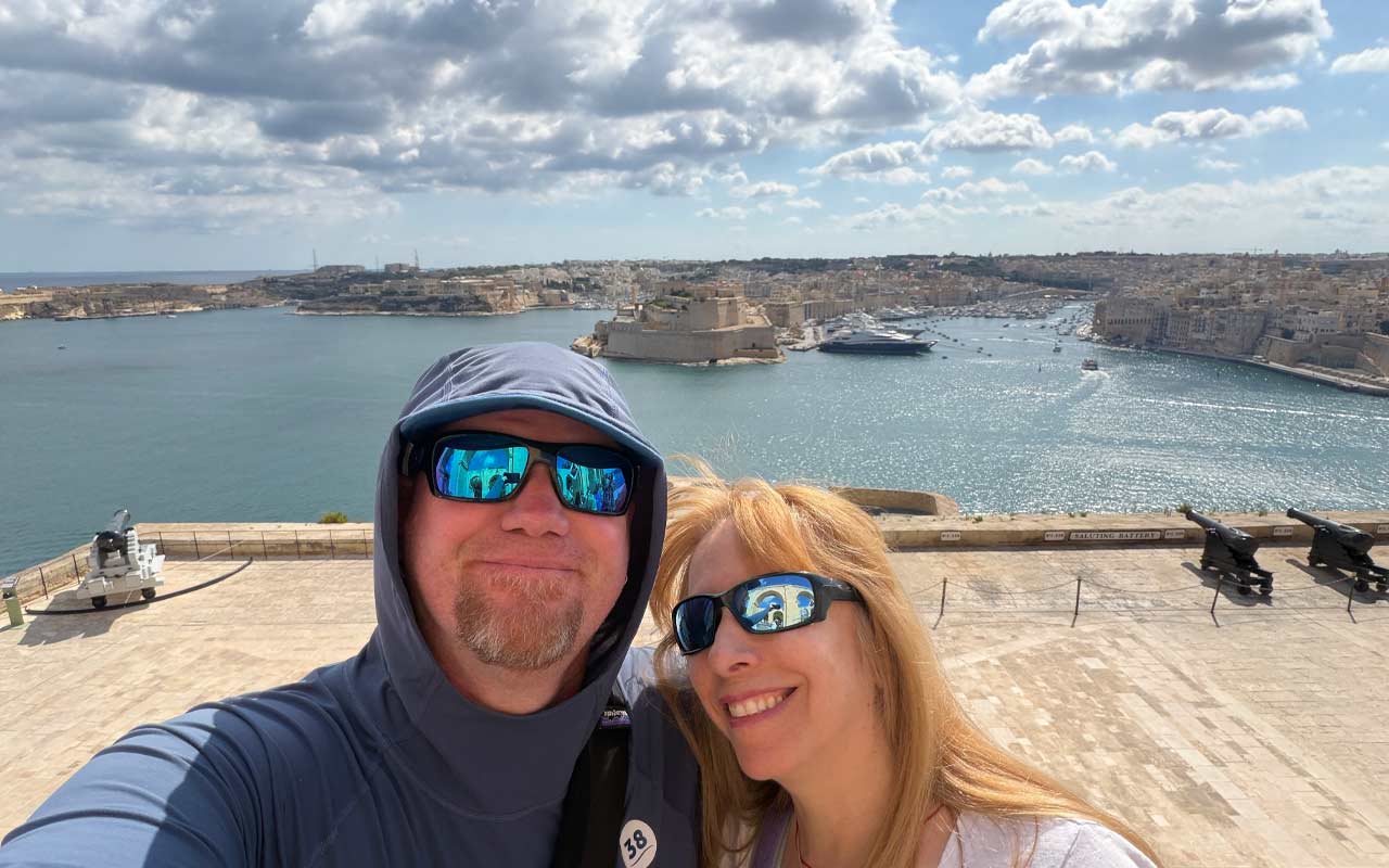 Upper Barrakka Valletta Gordon and Anna take selfie photo. Upper Barrakka Valletta