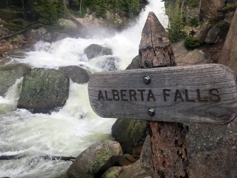 Alberta Falls in the background with a trail sign stating the same in the foreground.