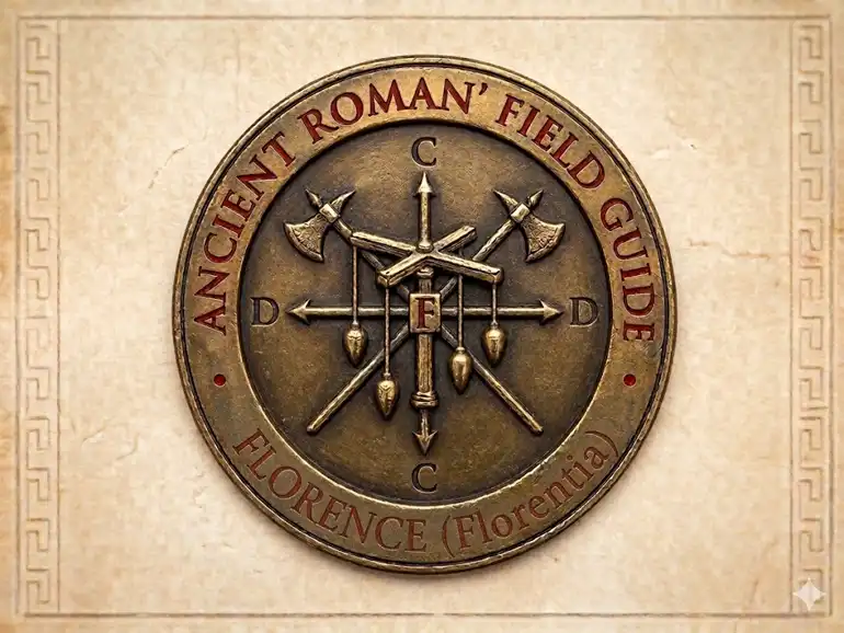 The Cardo-Decumanus Series: Florence (Florentia) medallion featuring a Roman groma, cardo, and decumanus. AI-generated.