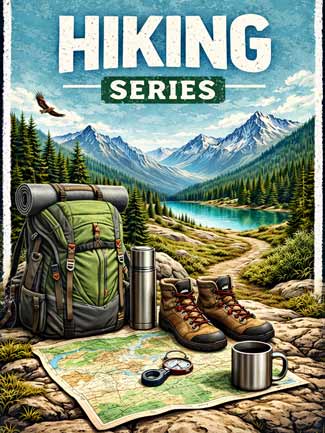 Hiking Series Graphic with backpack and hiking shoes. AI Generated Graphic