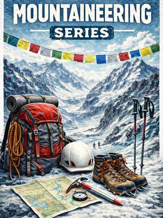 Mountaineering Series Graphic showing mountains, crampons, boots, ice axe and Tibetan prayer flags