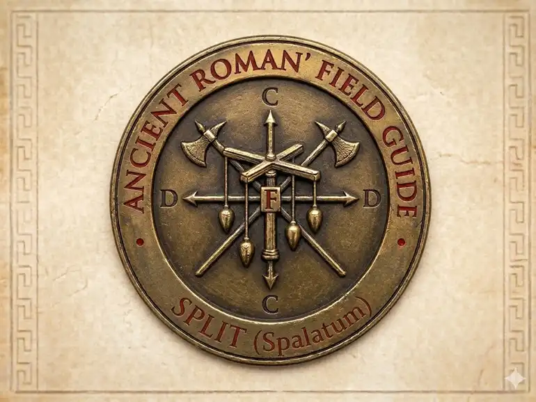 The Cardo-Decumanus Series: Split (Spalatum) medallion featuring a Roman groma, cardo, and decumanus. AI-generated.