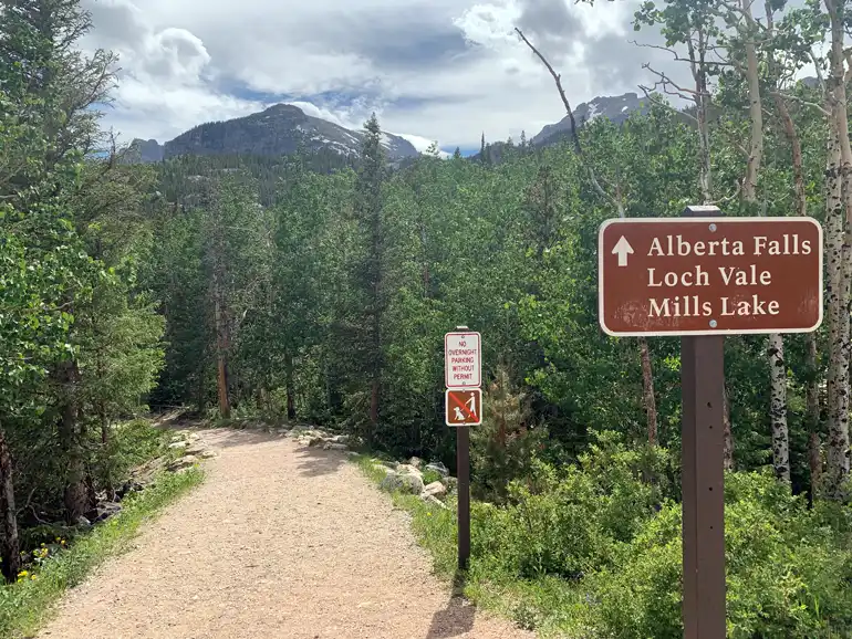 The sign on the trail showing the way to Alberta Falls, Loch Vale, and Mills Lake