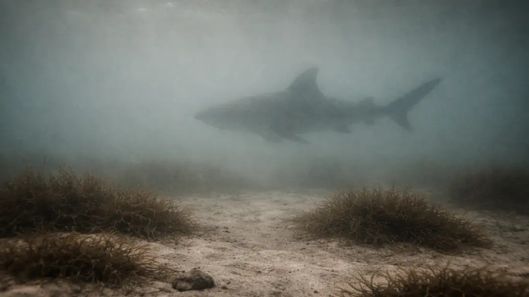 An outline of a shark swims in murky water. Ai -Generated