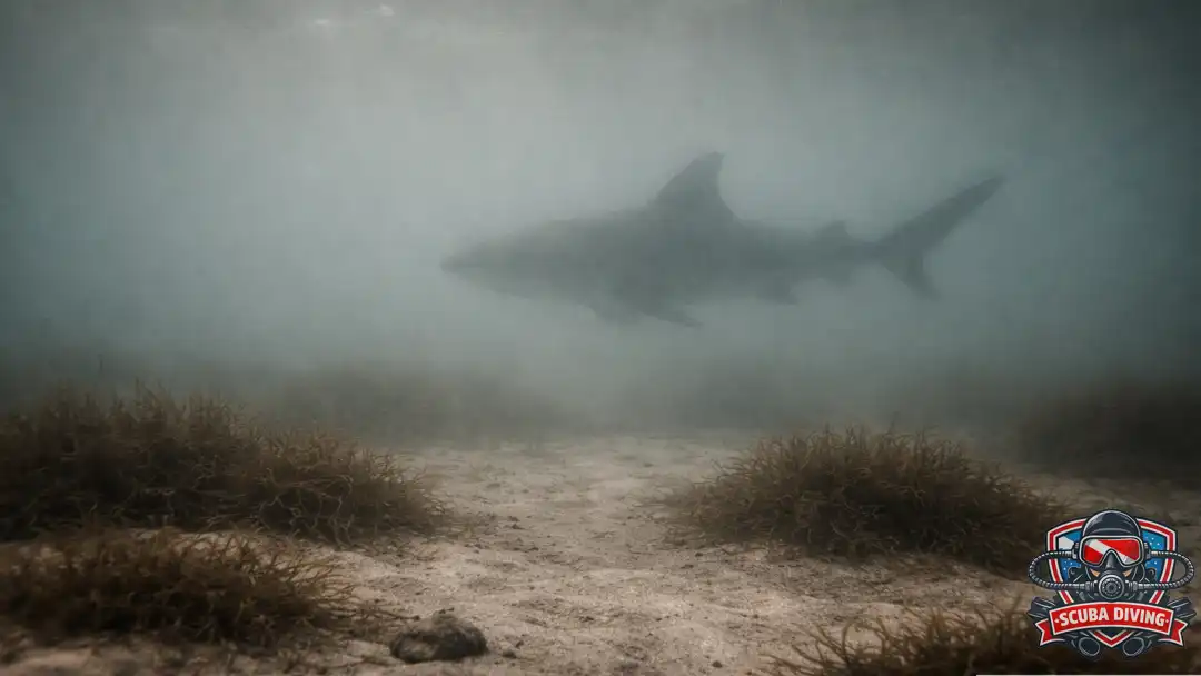 An outline of a shark swims in murky water. Ai -Generated